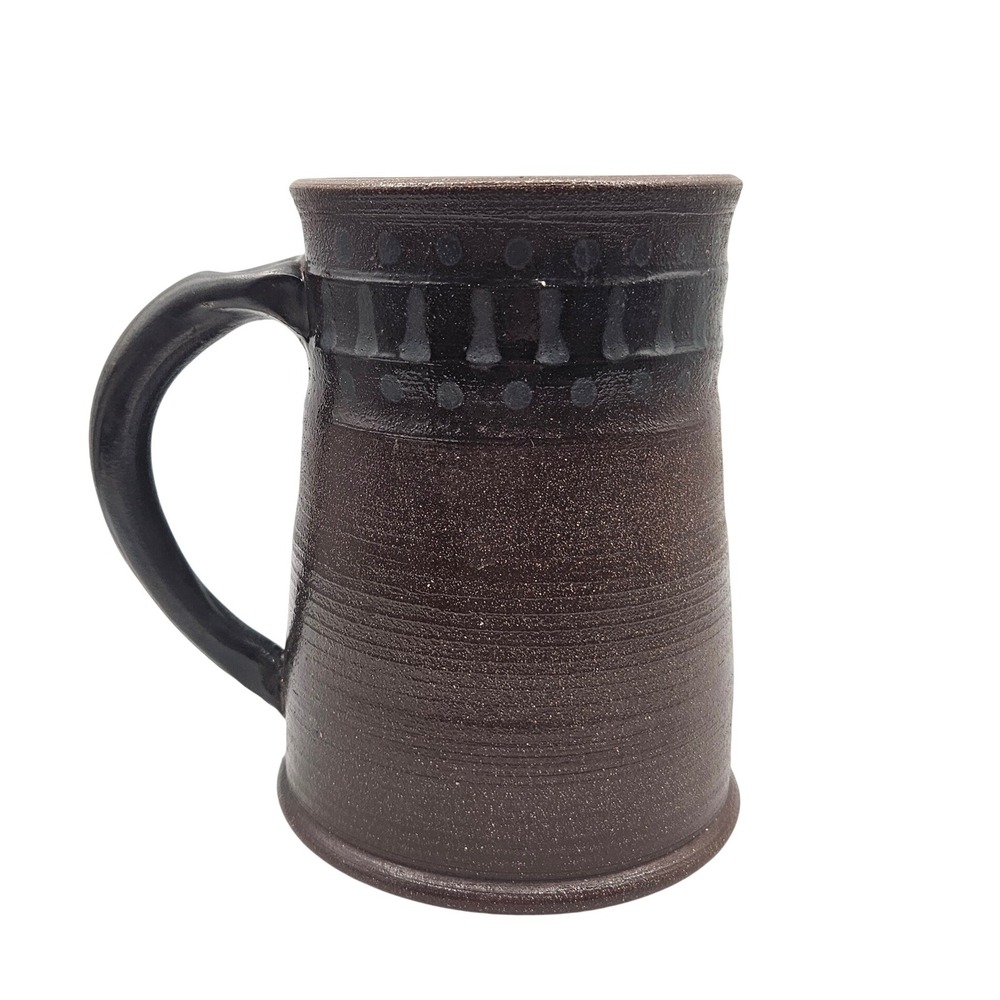Flatfish Pottery Handcrafted Stoneware Mug Brown Stamped Studio Art 6in